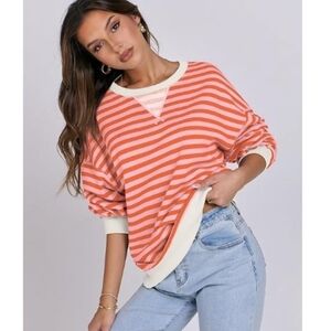 Striped Oversized Crewneck Long Sleeve Y2K Pullover Sweatshirt Pink